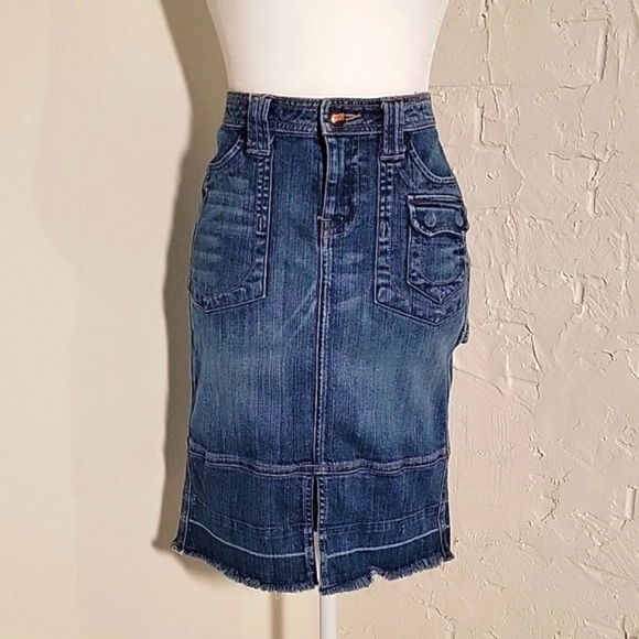 Candie's Vintage Skirt Pencil Midi Denim Blue Jean Y2K 90s Pockets Slit Junior 7 - Picture 1 of 16